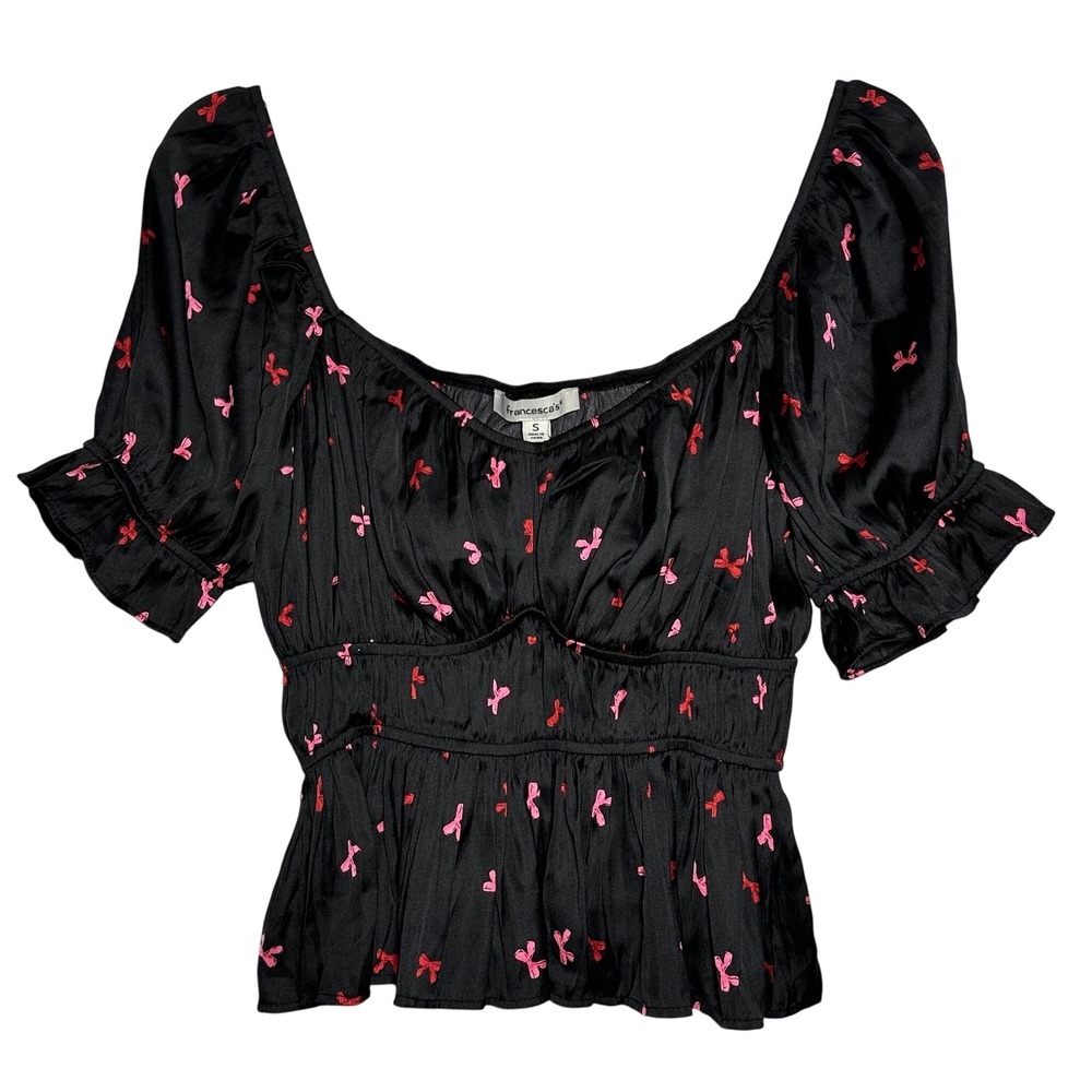 Francescas Black Bow Print Square Neck Smocked Peplum Top Women's Size S‎